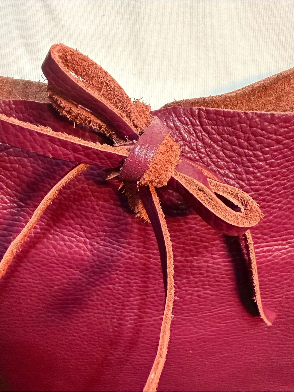 Genuine Italian Pebbled Leather Tote in Deep Burgundy with Tie Detail